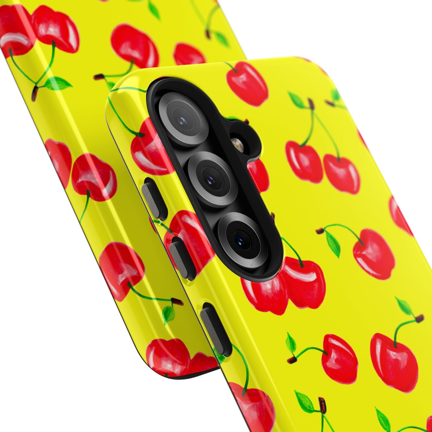 Tossed Red Watercolor Cherries Illustrated Pattern Bright Yellow Tough Phone Case | Various Models