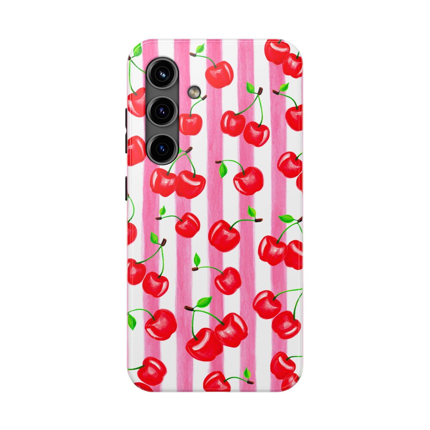 Tossed Red Watercolor Cherries Illustrated Pattern Light Pink Stripes Tough Phone Case | Various Models
