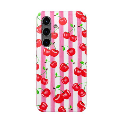 Tossed Red Watercolor Cherries Illustrated Pattern Light Pink Stripes Tough Phone Case | Various Models