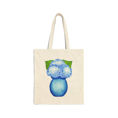 Canvas Book Tote | Blue Hydrangeas in a Blue Vase Watercolor Printed Farmers Market Tote | Preppy Coastal Gift Hostess