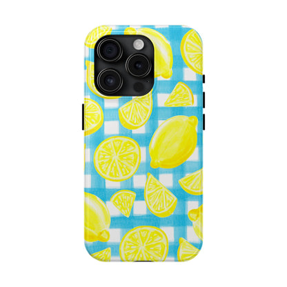 Yellow Lemons & Turquoise Gingham Watercolor Illustrated Tough Phone Case | Various Models Available