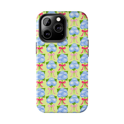 Watercolor Blue Hydrangea Bouquets with Hot Pink and Light Pink Bow Ribbons Illustrated Pattern Yellow Tough Phone Case | Various Models