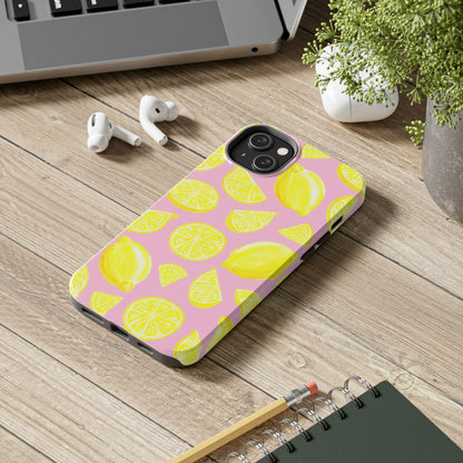 Bright Yellow Lemons Watercolor Illustrated Tossed Pattern Light Pink Tough Phone Case | Various Models