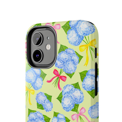 Blue Watercolor Hydrangea Bunches with Hot Pink, Yellow, Light Pink Bows Illustrated Patterned Yellow Tough Phone Case | Various Models