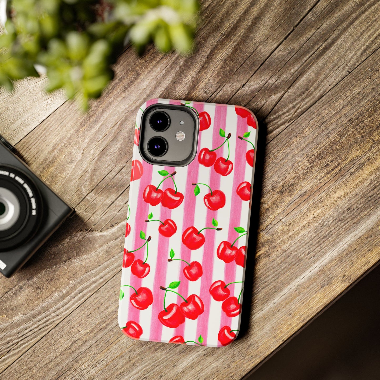 Tossed Red Watercolor Cherries Illustrated Pattern Light Pink Stripes Tough Phone Case | Various Models