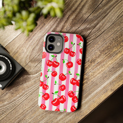 Tossed Red Watercolor Cherries Illustrated Pattern Light Pink Stripes Tough Phone Case | Various Models