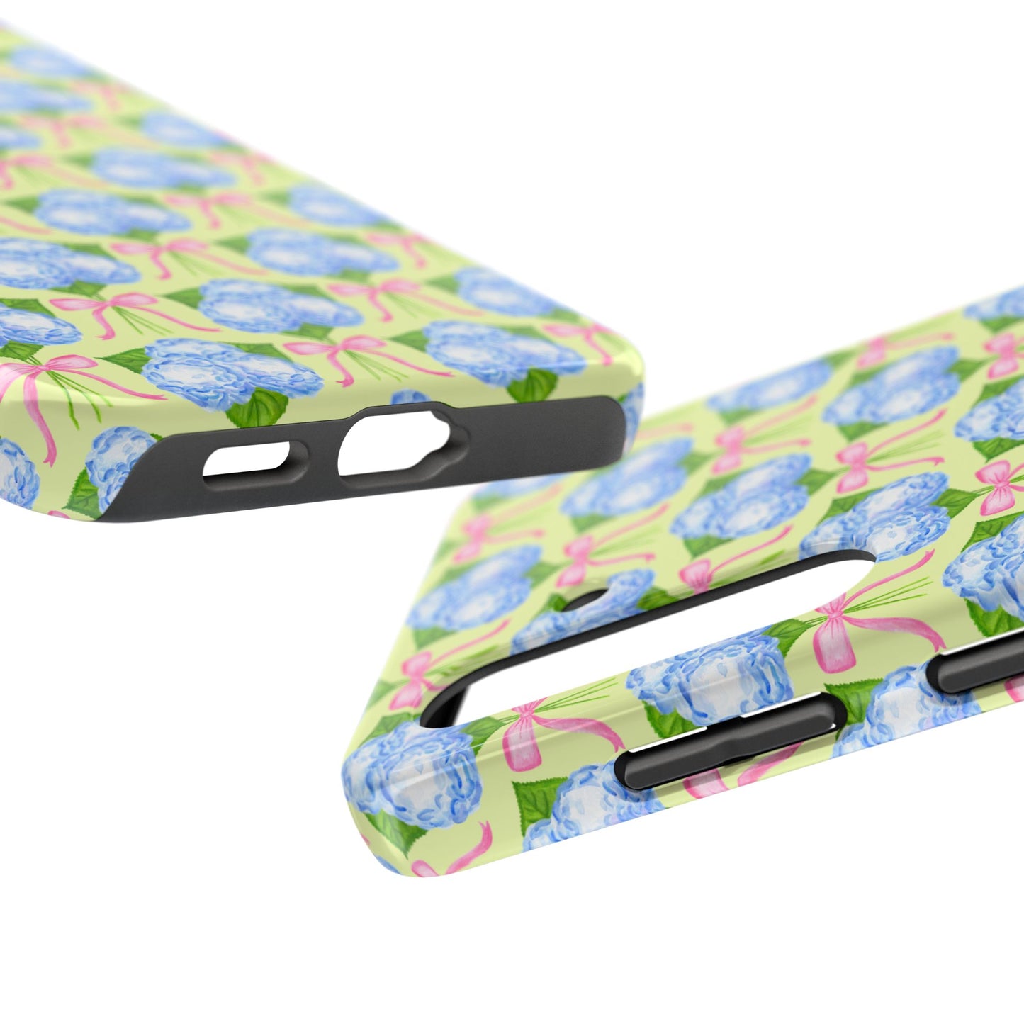 Blue Watercolor Hydrangea Bouquets with Light Pink Bows Watercolor Illustrated Patterned Yellow Tough Phone Case | Various Models