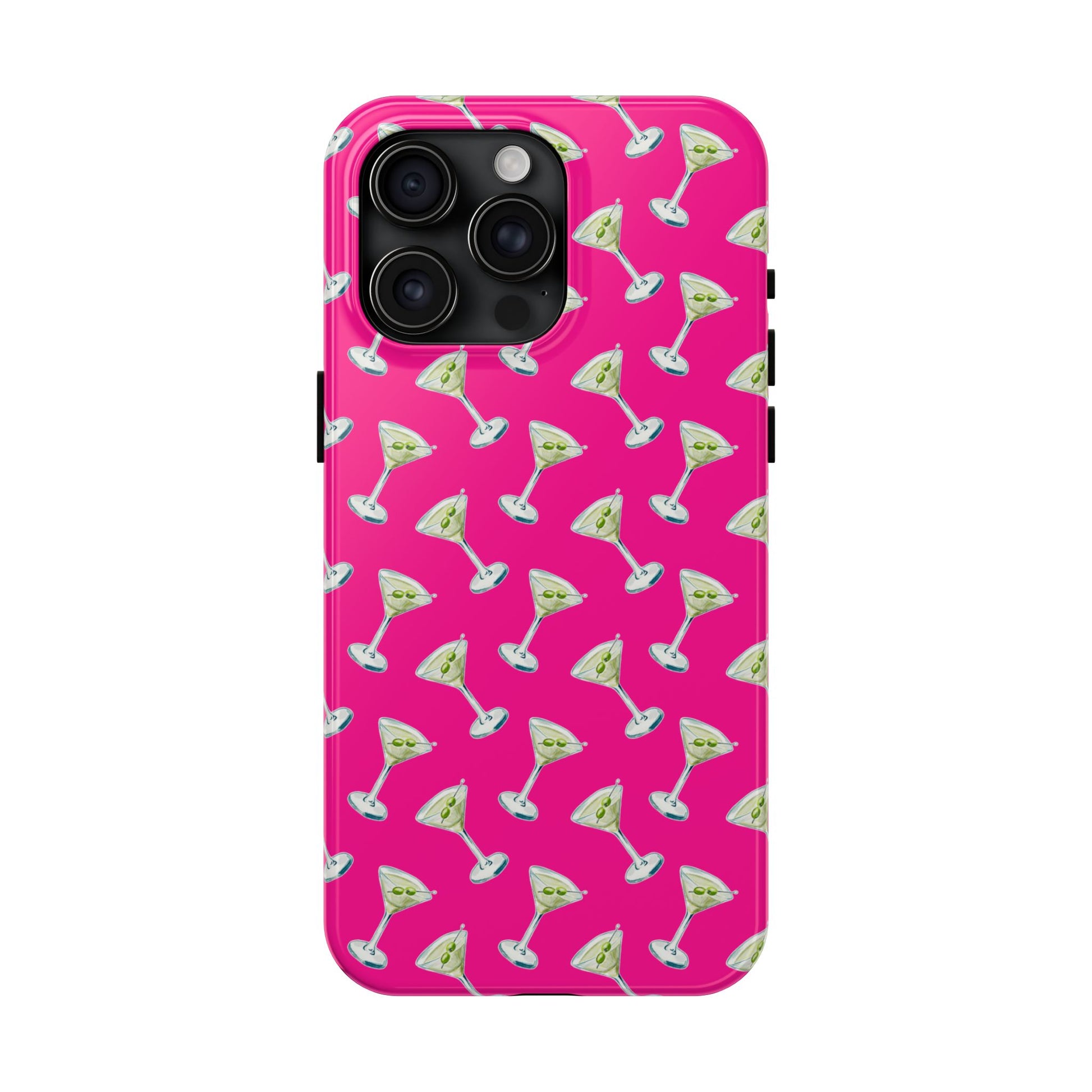 Hot Pink Mini Martini Watercolor Illustrated Tossed Pattern Tough Phone Case | Various Models Available iPhone 15 Pro Max