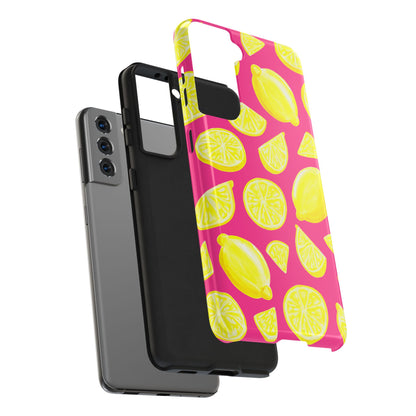 Bright Yellow Lemons Watercolor Illustrated Tossed Pattern Watermelon Pink Tough Phone Case | Various Models