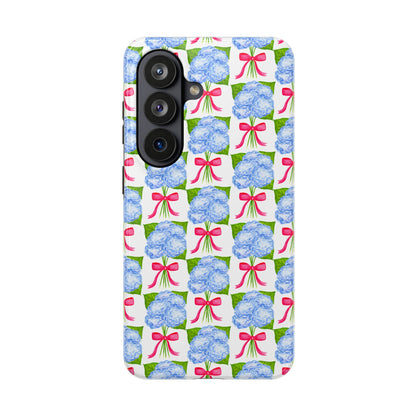 Blue Watercolor Hydrangea Bouquets with Hot Pink Bows Illustrated Patterned Tough Phone Case | Various Models