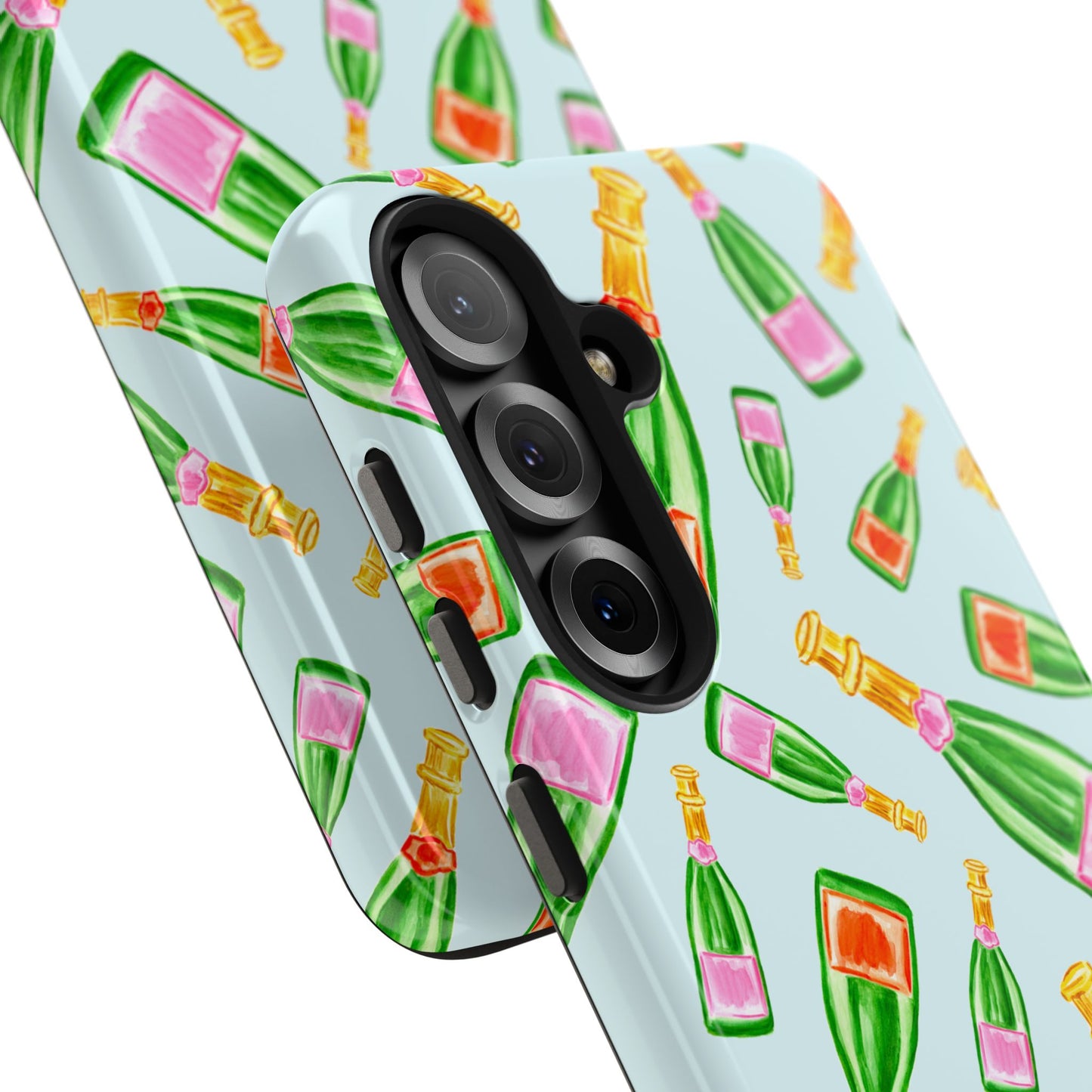 Tossed Pink and Green & Orange and Green Watercolor Illustrated Champagne Bottles Pattern Light Blue Tough Phone Case | Various Models