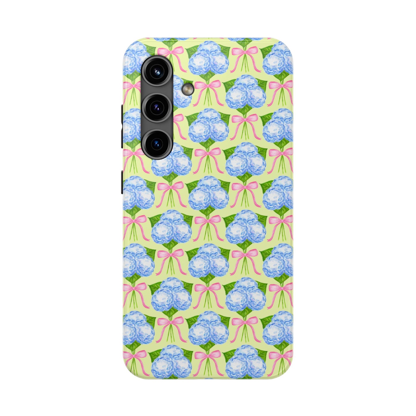 Blue Watercolor Hydrangea Bouquets with Light Pink Bows Watercolor Illustrated Patterned Yellow Tough Phone Case | Various Models