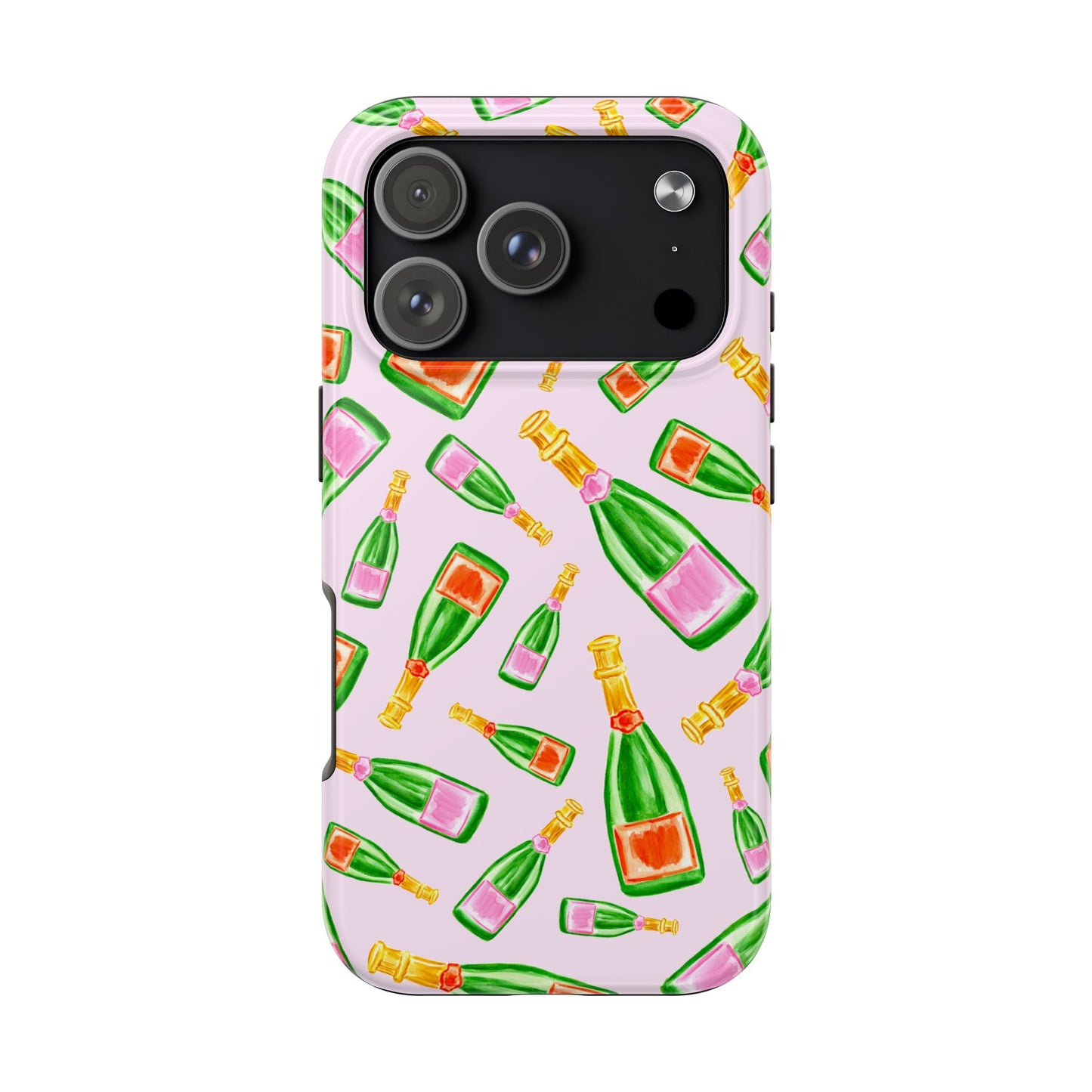 Tossed Pink and Green & Orange and Green Watercolor Illustrated Champagne Bottles Pattern Blush Pink Tough Phone Case | Various Models
