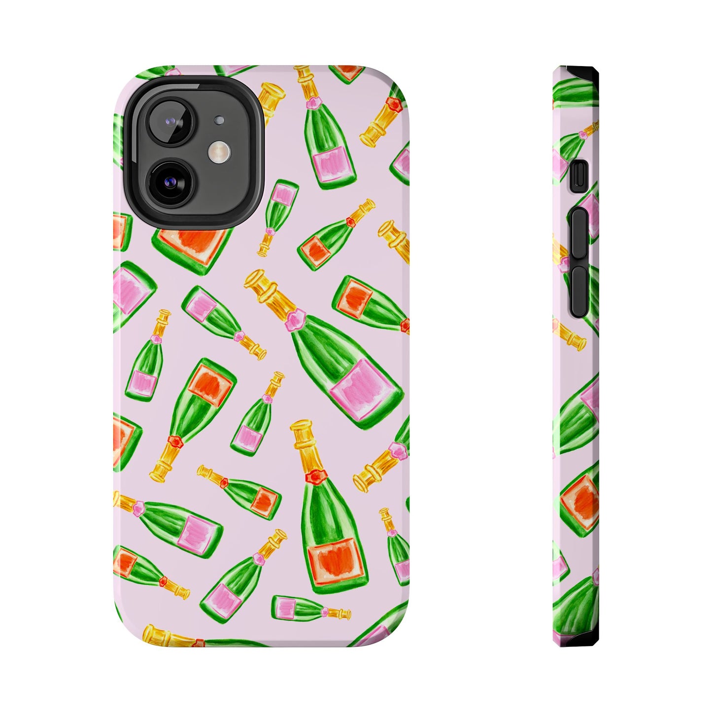 Tossed Pink and Green & Orange and Green Watercolor Illustrated Champagne Bottles Pattern Blush Pink Tough Phone Case | Various Models
