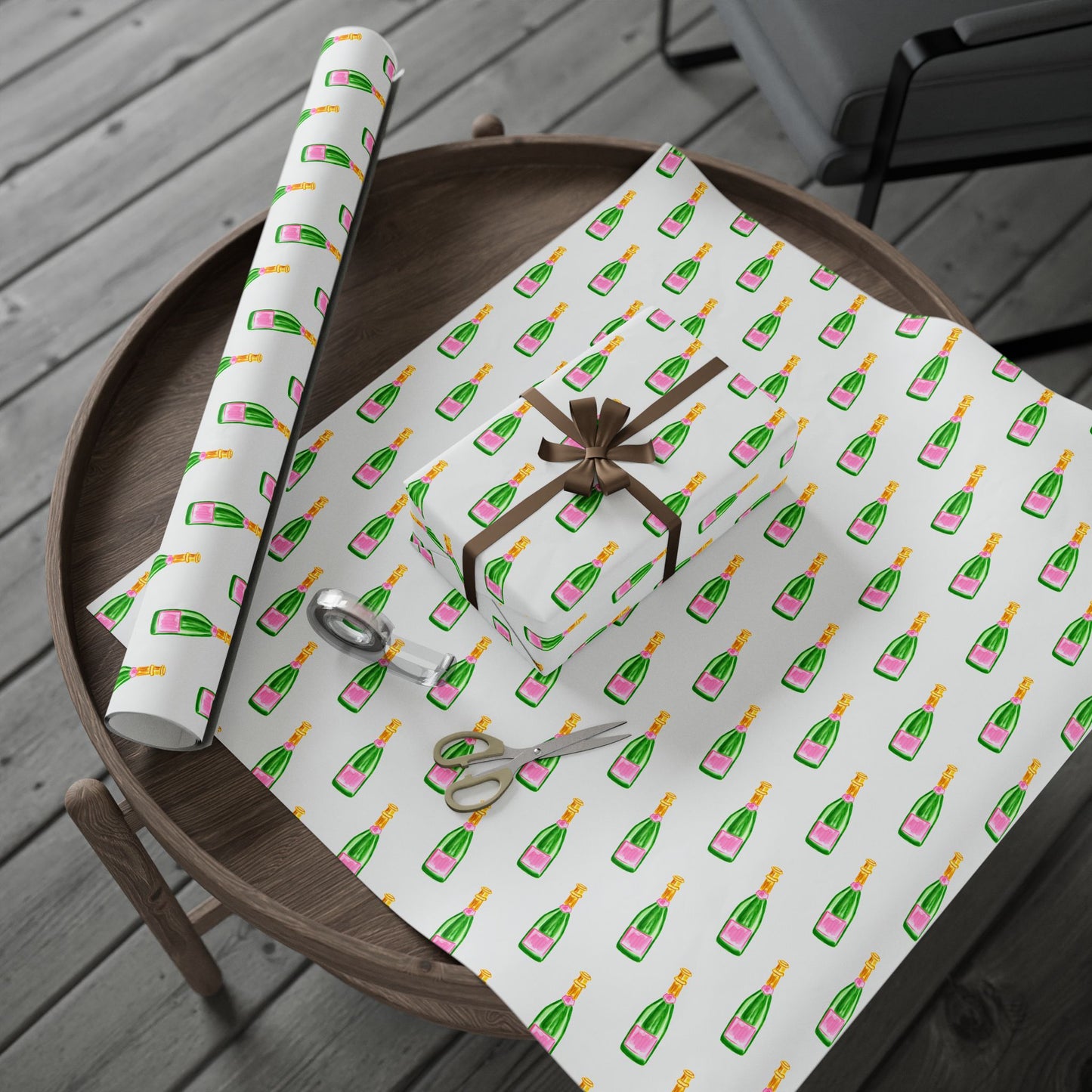 Gift Wrap | White Watercolor Pink & Green Champagne Bottles Pattern | Matte or Glossy