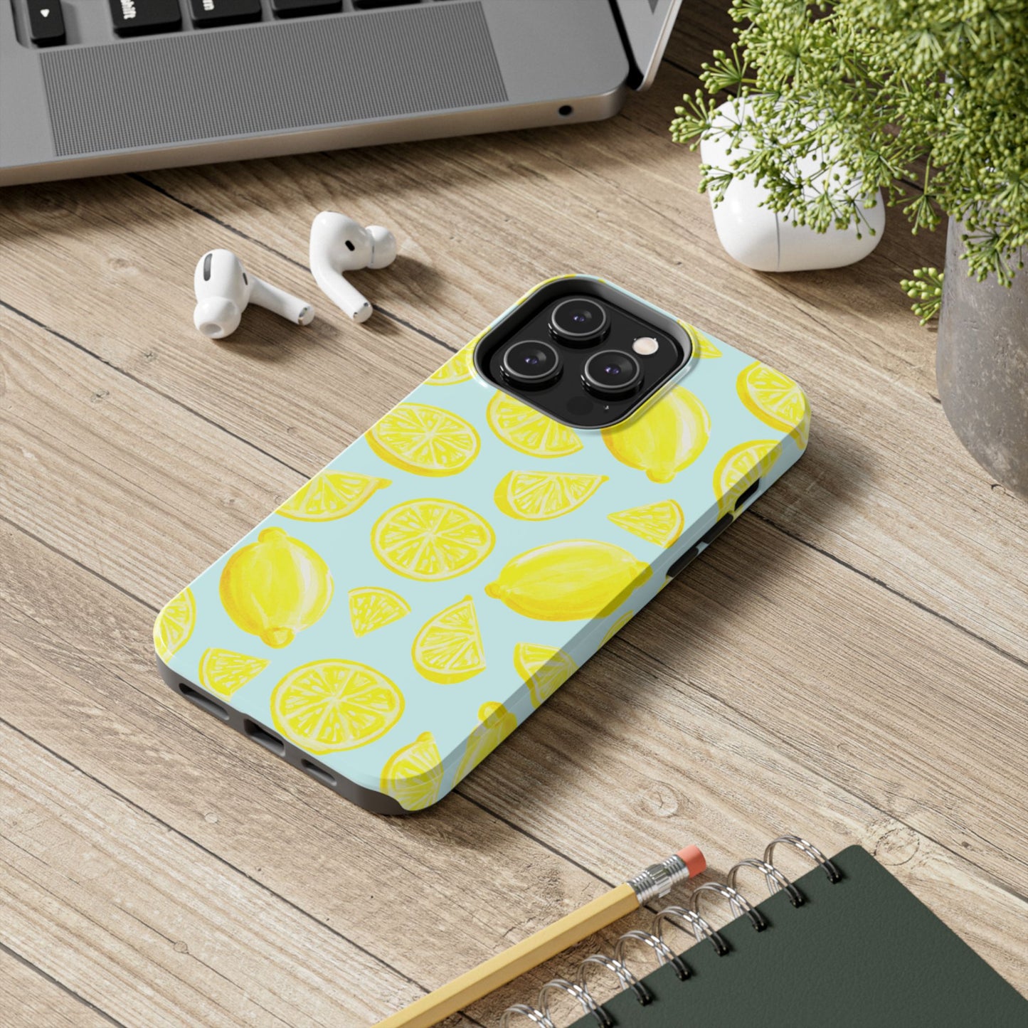 Bright Yellow Lemons Watercolor Illustrated Tossed Pattern Light Blue Tough Phone Case | Various Models