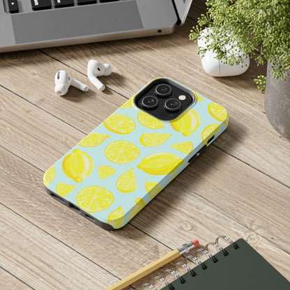 Bright Yellow Lemons Watercolor Illustrated Tossed Pattern Light Blue Tough Phone Case | Various Models