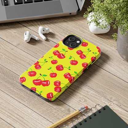 Tossed Red Watercolor Cherries Illustrated Pattern Bright Yellow Tough Phone Case | Various Models