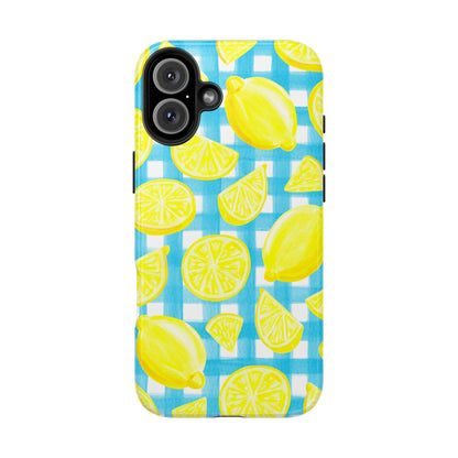 Bright Yellow Lemons Watercolor Illustrated Tossed Pattern Turquoise Gingham Tough Phone Case | Various Models