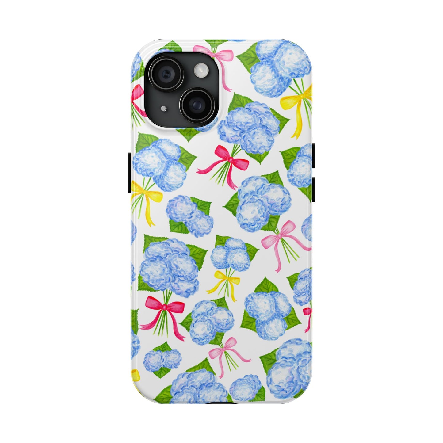Blue Watercolor Hydrangea Bunches with Hot Pink, Yellow, Light Pink Bows Illustrated Patterned Tough Phone Case | Various Models