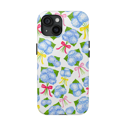 Blue Watercolor Hydrangea Bunches with Hot Pink, Yellow, Light Pink Bows Illustrated Patterned Tough Phone Case | Various Models