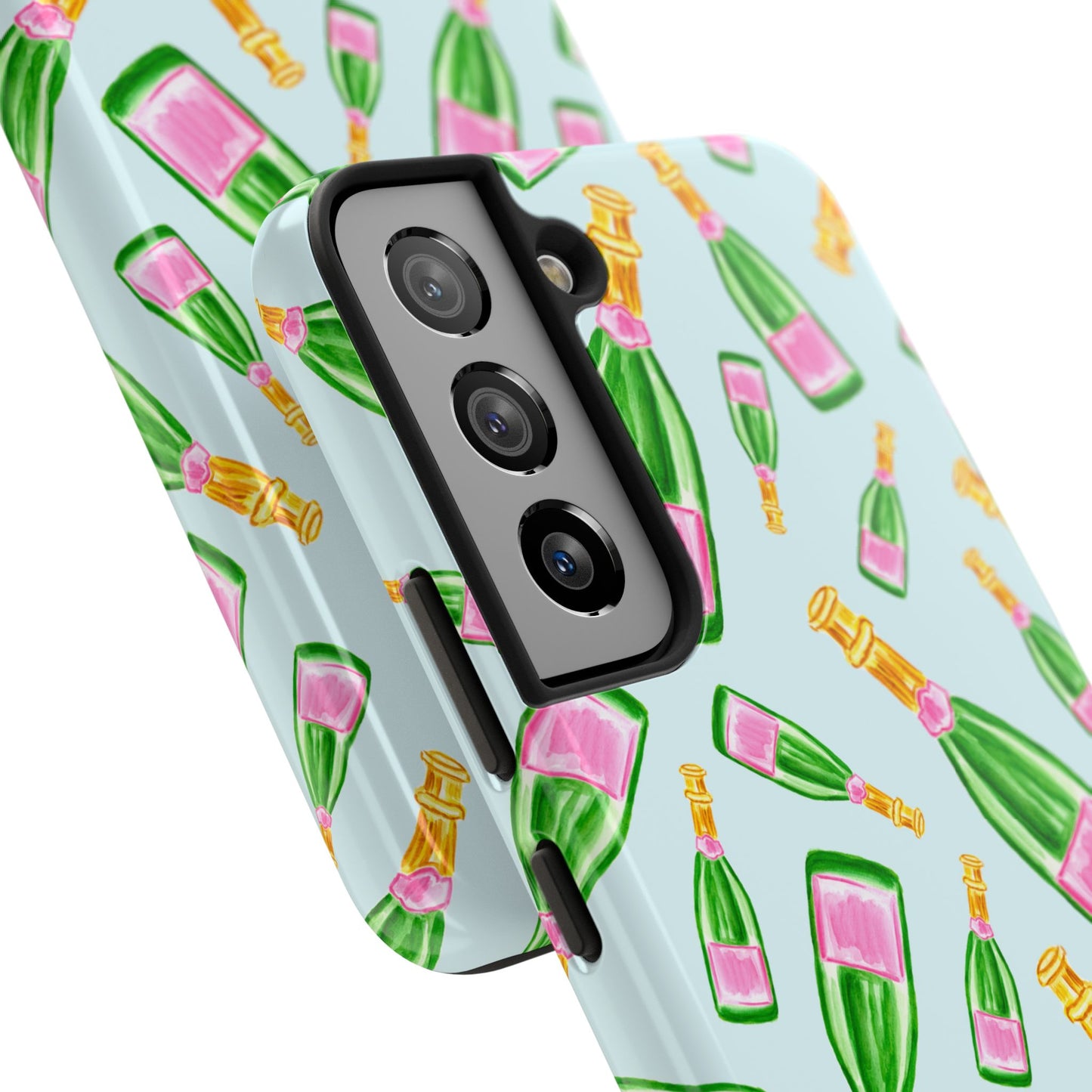 Tossed Pink and Green Watercolor Illustrated Champagne Bottles Pattern Light Blue Tough Phone Case | Various Models