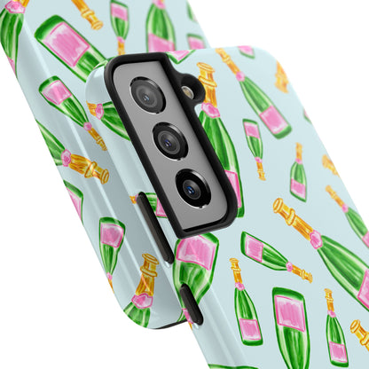 Tossed Pink and Green Watercolor Illustrated Champagne Bottles Pattern Light Blue Tough Phone Case | Various Models