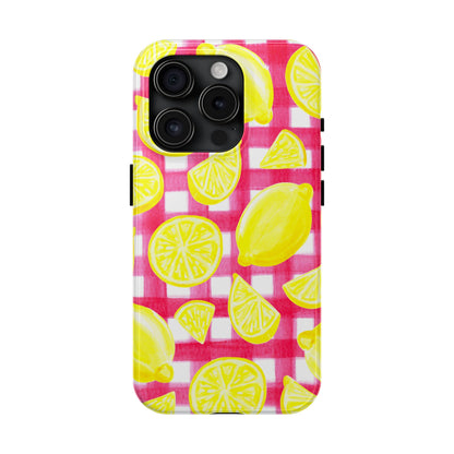 Yellow Lemons & Hot Pink Gingham Watercolor Illustrated Tough Phone Case | Various Models Available