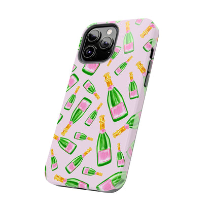 Tossed Pink and Green Watercolor Illustrated Champagne Bottles Pattern Blush Pink Tough Phone Case | Various Models
