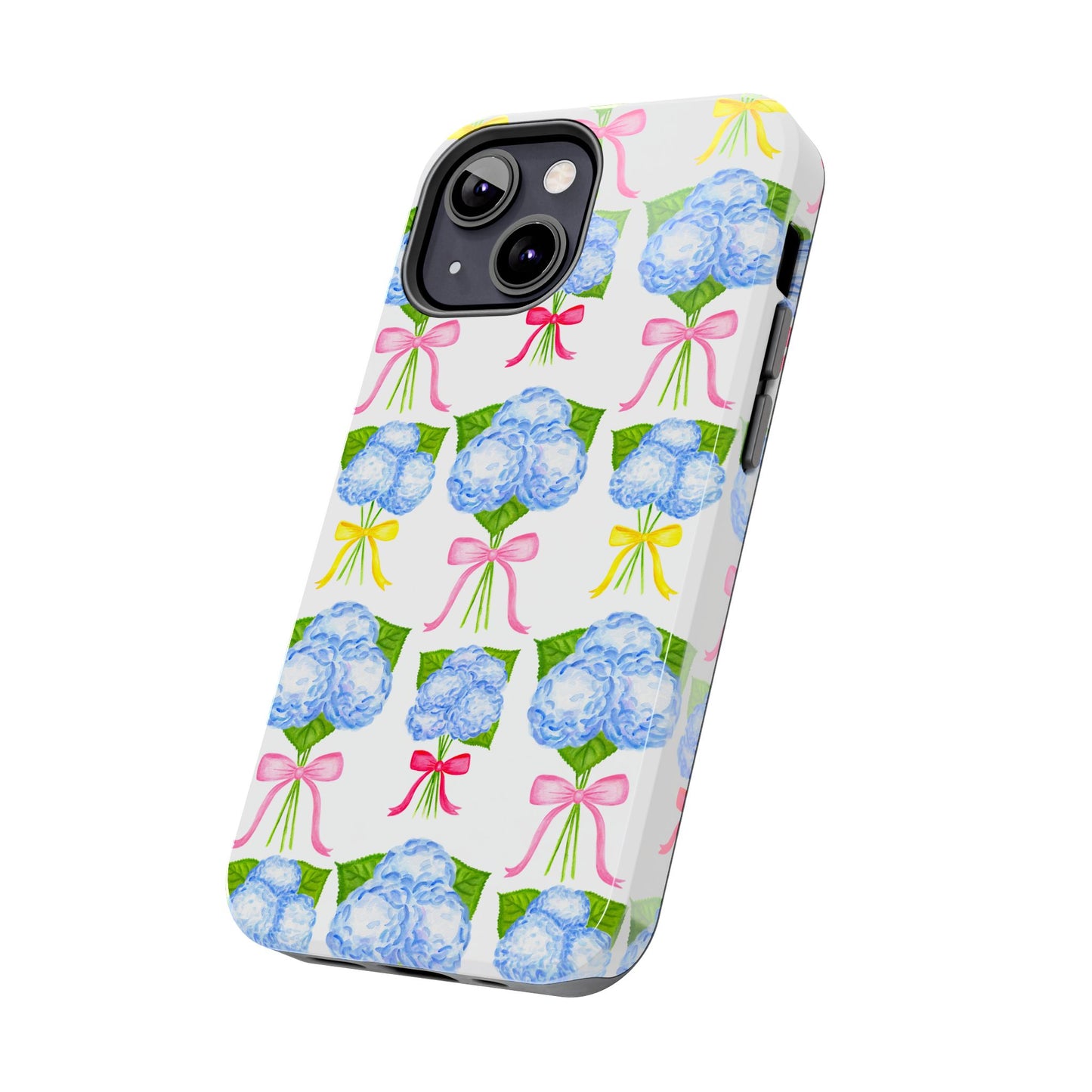 Blue Hydrangeas with Hot Pink, Yellow, Light Pink Bows Watercolor Illustrated Patterned Tough Phone Case | Various Models