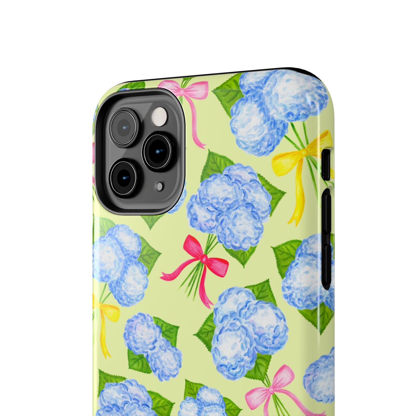 Blue Watercolor Hydrangea Bunches with Hot Pink, Yellow, Light Pink Bows Illustrated Patterned Yellow Tough Phone Case | Various Models