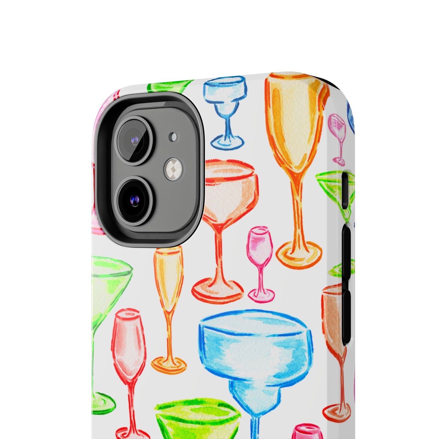 Monochromatic Margarita, Wine, Martini, and Champagne Flute Cocktail Glasses Watercolor Illustrated Tough Phone Case | Various Models Available