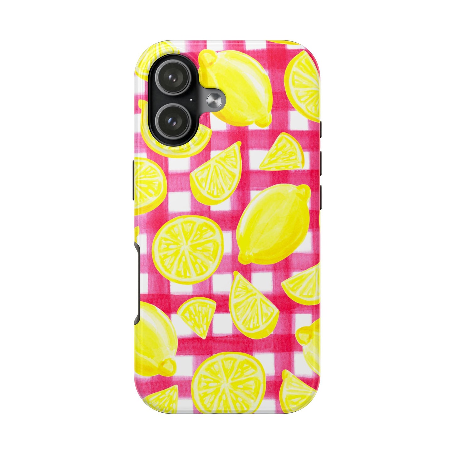 Yellow Lemons & Hot Pink Gingham Watercolor Illustrated Tough Phone Case | Various Models Available