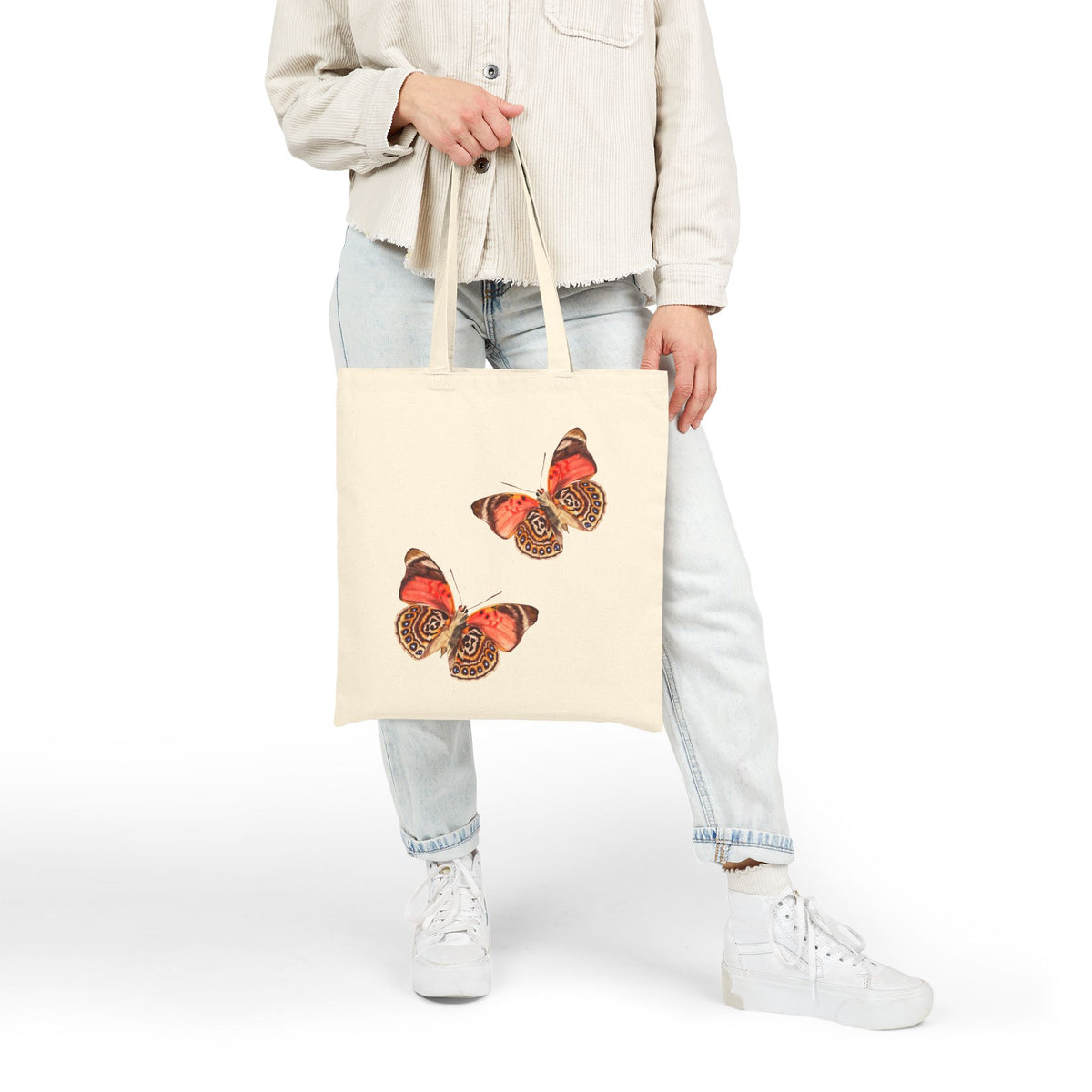 Canvas Book Tote | Peachy Orange Butterfly Watercolor Duo Printed Farmers Market Tote | Coastal Preppy Gift