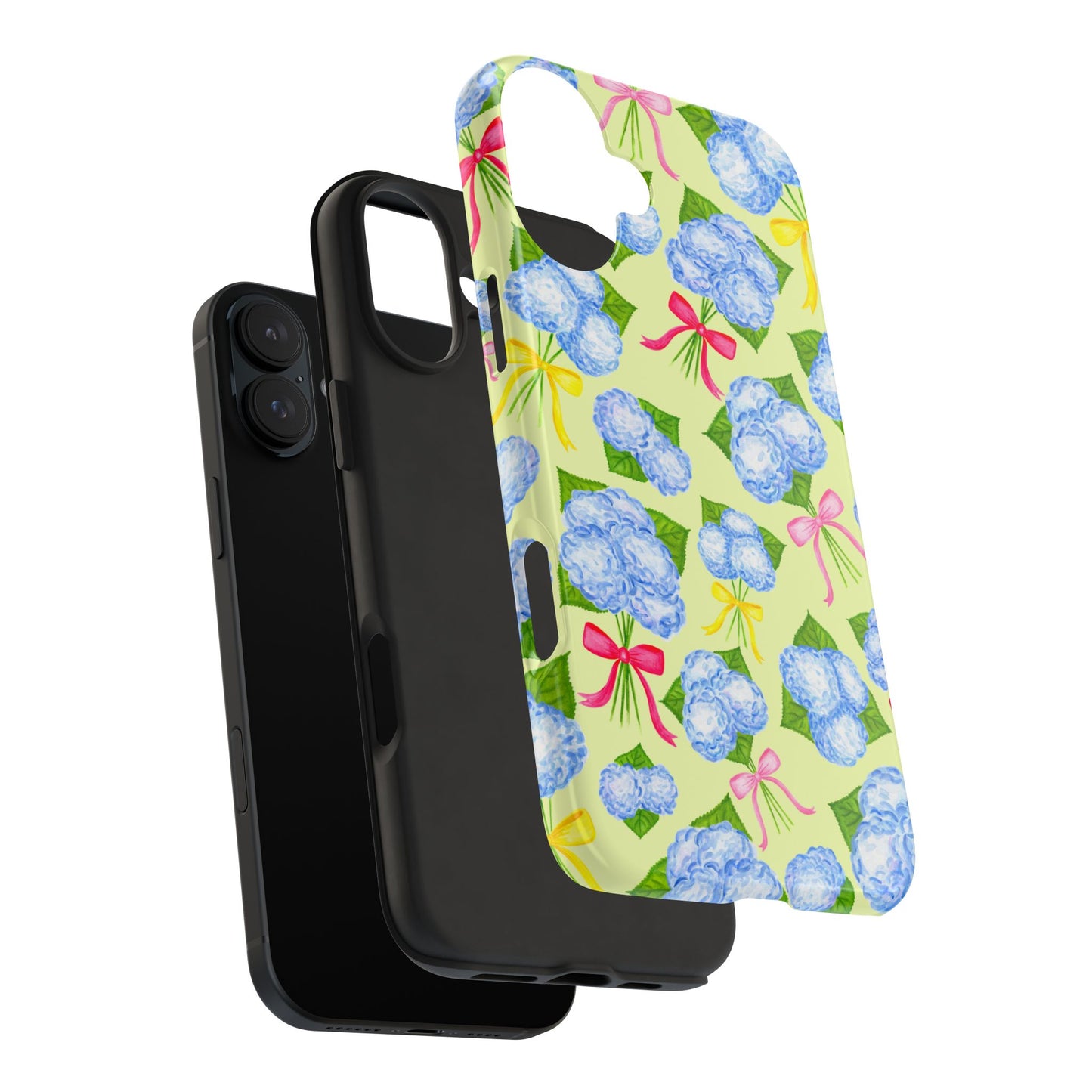 Blue Watercolor Hydrangea Bunches with Hot Pink, Yellow, Light Pink Bows Illustrated Patterned Yellow Tough Phone Case | Various Models