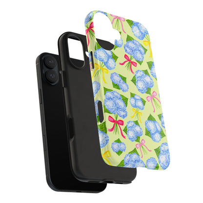 Blue Watercolor Hydrangea Bunches with Hot Pink, Yellow, Light Pink Bows Illustrated Patterned Yellow Tough Phone Case | Various Models