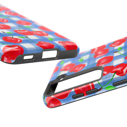 Tossed Red Cherries Blue Gingham Checkered Watercolor Illustrated Tough Phone Case | Various Models