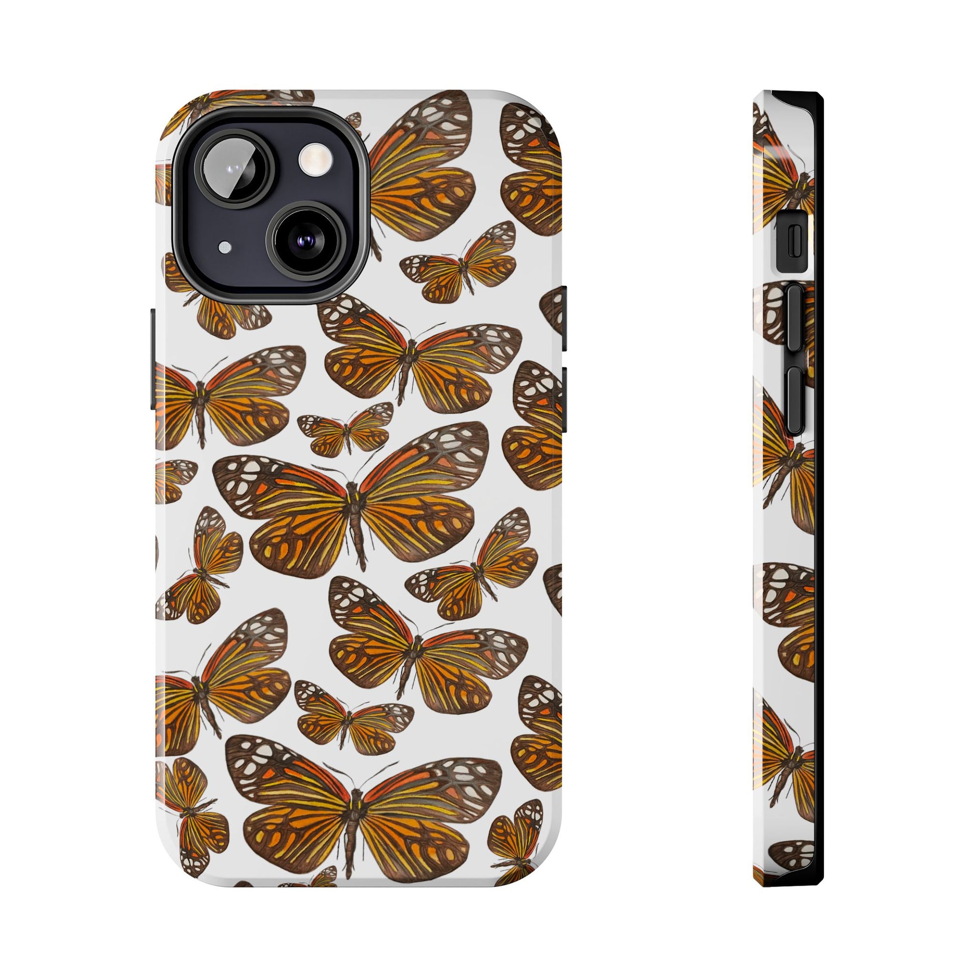 Black & Orange Butterfly Watercolor Illustrated Tossed Pattern Tough Phone Case | Various Models iPhone 13 Mini