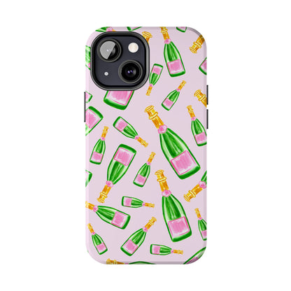 Tossed Pink and Green Watercolor Illustrated Champagne Bottles Pattern Blush Pink Tough Phone Case | Various Models