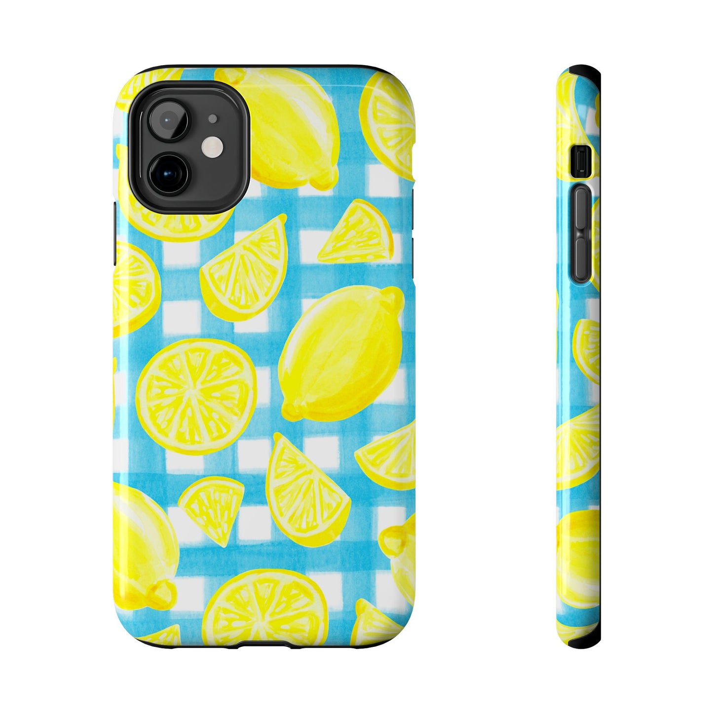 Yellow Lemons & Turquoise Gingham Watercolor Illustrated Tough Phone Case | Various Models Available