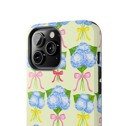 Blue Hydrangeas with Hot Pink, Yellow, Light Pink Bows Watercolor Illustrated Patterned Light Yellow Tough Phone Case | Various Models