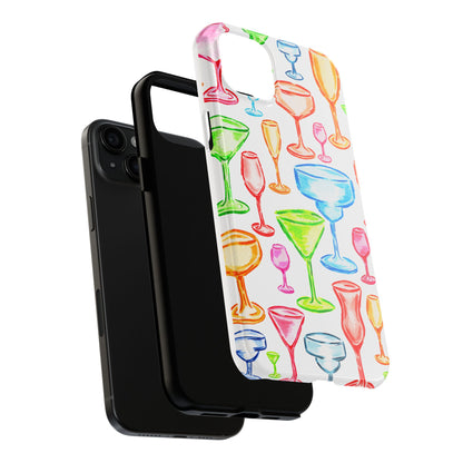 Monochromatic Margarita, Wine, Martini, and Champagne Flute Cocktail Glasses Watercolor Illustrated Tough Phone Case | Various Models Available