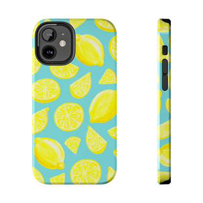 Bright Yellow Lemons Watercolor Illustrated Tossed Pattern Turquoise Blue Tough Phone Case | Various Models