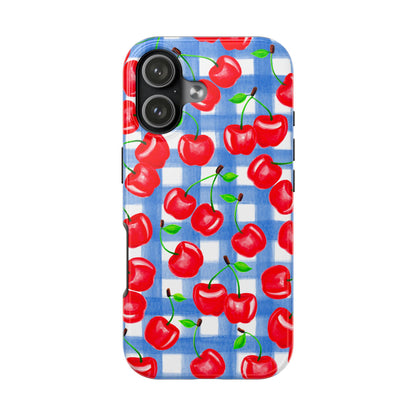 Tossed Red Cherries Blue Gingham Checkered Watercolor Illustrated Tough Phone Case | Various Models