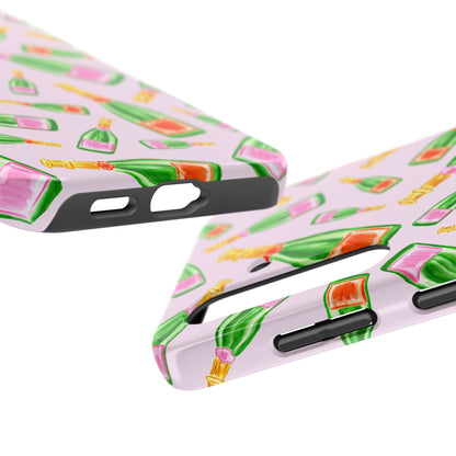 Tossed Pink and Green & Orange and Green Watercolor Illustrated Champagne Bottles Pattern Blush Pink Tough Phone Case | Various Models