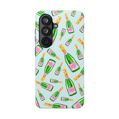 Tossed Pink and Green Watercolor Illustrated Champagne Bottles Pattern Light Blue Tough Phone Case | Various Models