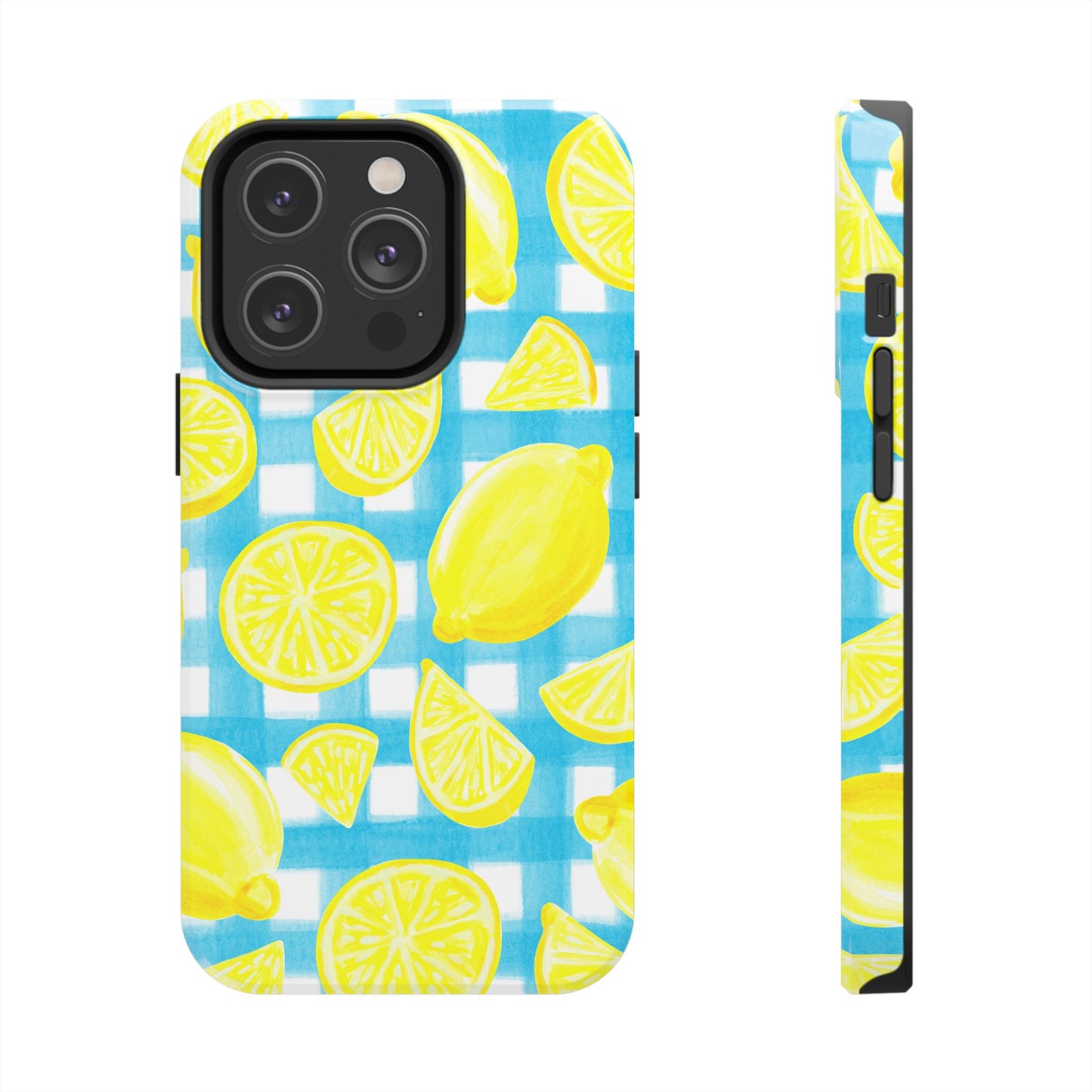 Yellow Lemons & Turquoise Gingham Watercolor Illustrated Tough Phone Case | Various Models Available