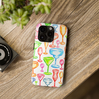 Monochromatic Margarita, Wine, Martini, and Champagne Flute Cocktail Glasses Watercolor Illustrated Tough Phone Case | Various Models Available