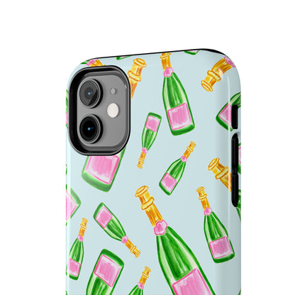 Tossed Pink and Green Watercolor Illustrated Champagne Bottles Pattern Light Blue Tough Phone Case | Various Models