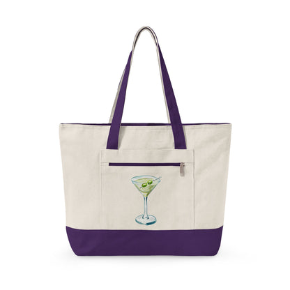 Blue Green Watercolor Martini Printed Zippered Canvas Tote 18" x 14" | Various Colors 18" x 14" x 4.5" Natural Purple